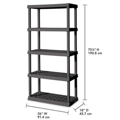 Hustle Proof Five Shelf Heavy Duty Plastic Storage Rack With Ventilated Perforated Shelves Holding Up To One Hundred Fifty Lbs Per Level For Garage Basement Project Organization