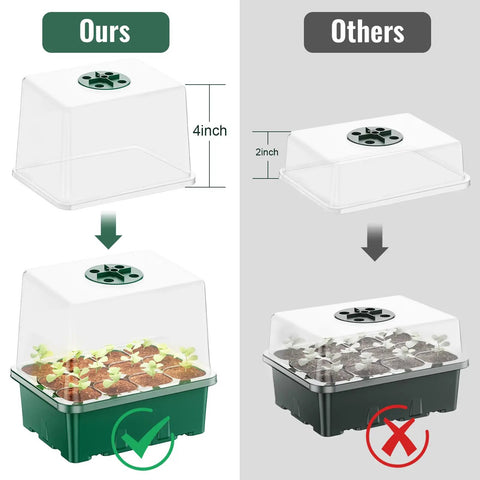 Comparison of 4-inch and 2-inch seed starter trays with dome, showing 5 Pack 60 Cell Seed Starter Trays With Built In Grow Light Kit Humidity Dome And Base Plug And Grow Indoor Seed Germination Kit For Easy Propagation And Seedling Growth In Your Home Greenhouse Garden System.