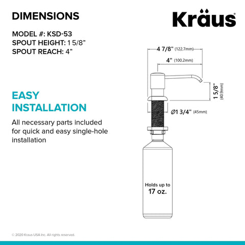 Brushed Brass Multi Purpose Kitchen Soap And Lotion Dispenser With Self Priming Pump dimensions and installation details.