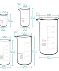 High Form Beaker Set With Precise Graduations, Five Piece Borosilicate Glass Beakers In 50 Ml, 100 Ml, 250 Ml, 500 Ml, And 1000 Ml Sizes.