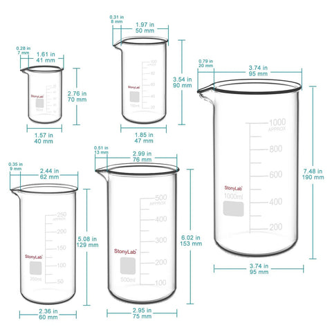 High Form Beaker Set With Precise Graduations, Five Piece Borosilicate Glass Beakers In 50 Ml, 100 Ml, 250 Ml, 500 Ml, And 1000 Ml Sizes.