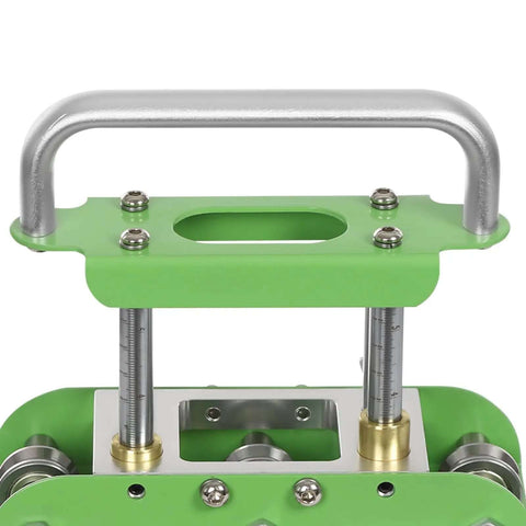Close-up view of Pro Grade Green V Shaped Hand Sheet Metal Bender with Edge Bead Roller and Scale for metal roofing panel bending