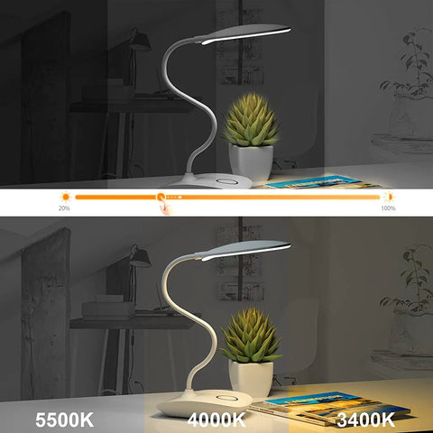 Rechargeable Battery Operated LED Desk Lamp With Flexible Gooseneck Cordless Light on a desk with color temperature slider.