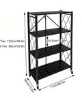 Heavy Duty Metal Storage Shelf with Four Tiers and Smooth Rolling Wheels for Kitchen Organization in black with dimensions shown.
