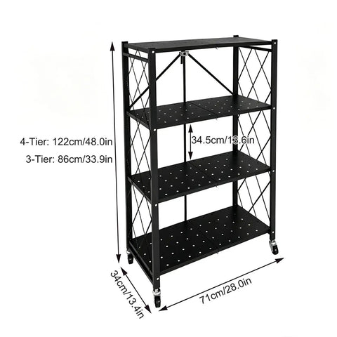 Heavy Duty Metal Storage Shelf with Four Tiers and Smooth Rolling Wheels for Kitchen Organization in black with dimensions shown.