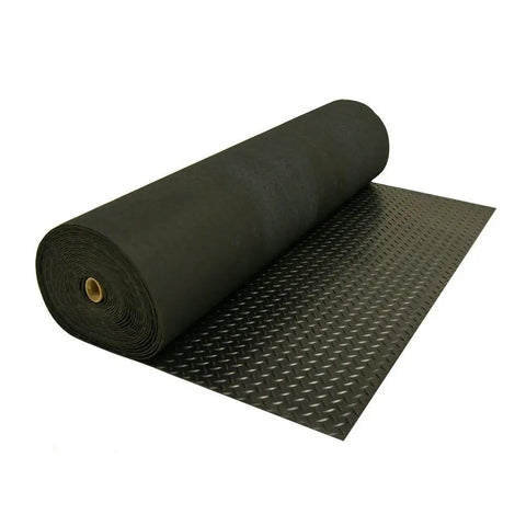 Diamond Plate Rubber Flooring Roll 3 Mm Thick 4 Ft By 3 Ft Black Heavy Duty Floor Mat rolled out showing diamond plate texture