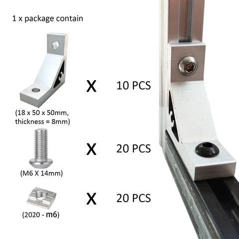 Contents of Heavy Duty 2020 Aluminum Extrusion Corner Brackets And 20 Series Extrusion Connectors Kit with T slot L brackets, screws, T nuts.