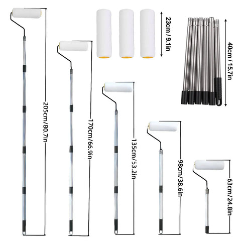 Premium Paint Roller Kit With Adjustable Stainless Steel Pole Effortlessly Reach High Walls And Ceilings Ladder Free Home Painting Projects Smooth Finish Weekend Warrior Approved Easy Setup with varied pole lengths shown.