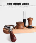 Top Shelf Espresso Tamper And Coffee Distributor Station Kit Featuring Natural Wood Handle Anti Slip Base Pro Level 53Mm Portafilter Tool For Home Kitchens, with multiple tools on wooden base.