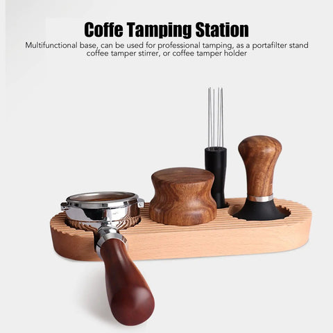 Top Shelf Espresso Tamper And Coffee Distributor Station Kit Featuring Natural Wood Handle Anti Slip Base Pro Level 53Mm Portafilter Tool For Home Kitchens, with multiple tools on wooden base.