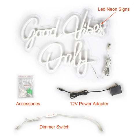 Good Vibes Only Neon Sign Wall Decor White Neon Light For Bedroom Bar Wedding Engagement Christmas Valentine’s Day Birthday Party 16.9 x 9 Inch Clear Acrylic Neon Strip Light with accessories, adapter, and dimmer switch