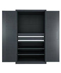 Heavy Gauge Steel Tool Cabinet Featuring Lockable Rollout Drawers Adjustable Interior Shelves fully opened showing three trays and shelving.
