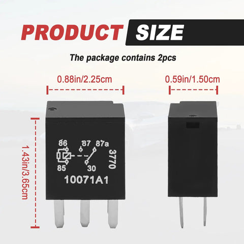 Beefy 12V Five Pin Car Fuel Pump Relay Kit size comparison with measurements for plug and play installation.