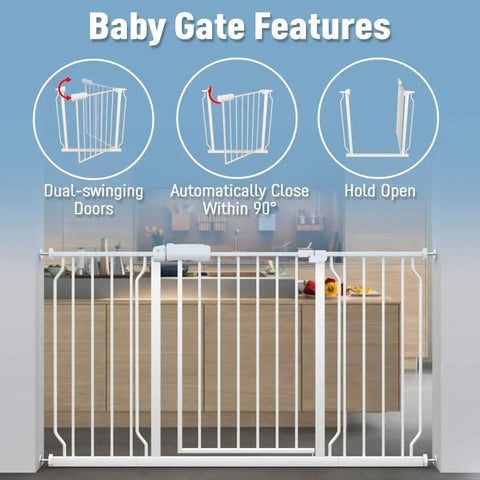 Extra Wide Pressure Mount Baby Gate with Auto Close And Hold Open featuring dual-swinging doors with kitchen backdrop
