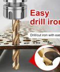 All Purpose 13 Piece Drill Bit Set With 135 Degree Titanium Coated High Speed Steel Bits drilling through iron plate