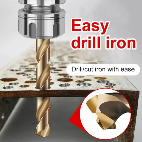 All Purpose 13 Piece Drill Bit Set With 135 Degree Titanium Coated High Speed Steel Bits drilling through iron plate