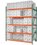 Heavy Duty Steel Record Storage Rack Starter Unit 96x48x96 Inches filled with white document boxes on orange shelves.