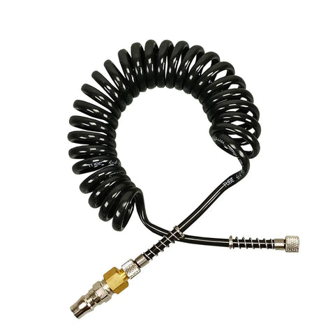Heavy Duty Air Compressor Hose With 1 4 Inch Quick Release Couplers No Kink Nonsense Tubing, coiled design, oil and grease proof.