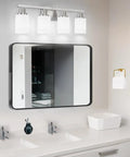 4-Light Nickel Modern Bathroom Vanity Light Fixture With Milky White Glass Shades above mirror in bathroom