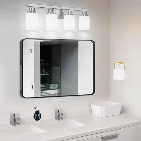 4-Light Nickel Modern Bathroom Vanity Light Fixture With Milky White Glass Shades above mirror in bathroom