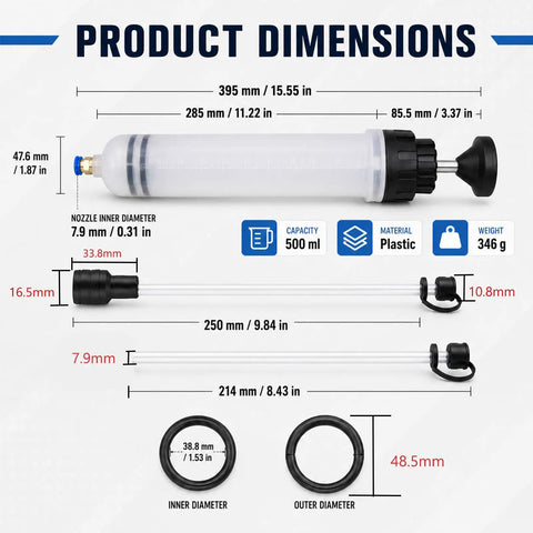 500Cc Fluid Extractor And Fill Pump With 27 Inch Hose And Two 12 Inch Extension Tubes For Cars And Lawn Mowers dimensions