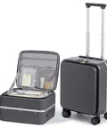 Underseat Carry On Luggage 17x14x9 With PC Hard Shell And Aluminum Frame Top Opening Travel Case On Wheels Scratch Resistant Covestro PC Rock Gray, showing open and closed views.