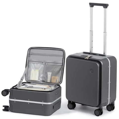 Underseat Carry On Luggage 17x14x9 With PC Hard Shell And Aluminum Frame Top Opening Travel Case On Wheels Scratch Resistant Covestro PC Rock Gray, showing open and closed views.