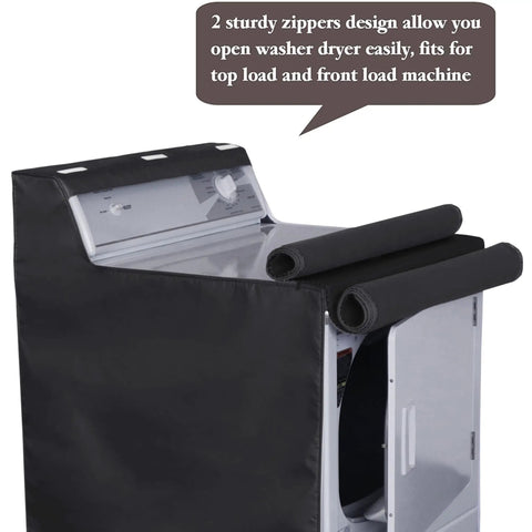 Durable Waterproof Washing Machine Cover 2 Pack For Top Load Or Front Load Washers All Weather Dustproof Sun Shield Large 27x26x43 Inches Fits Most Machines Black covering a top load washer