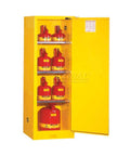 Industrial Grade Steel One Door Manual Slimline Paint And Ink Safety Cabinet Hella Spacious 36 Gallon Capacity with red containers