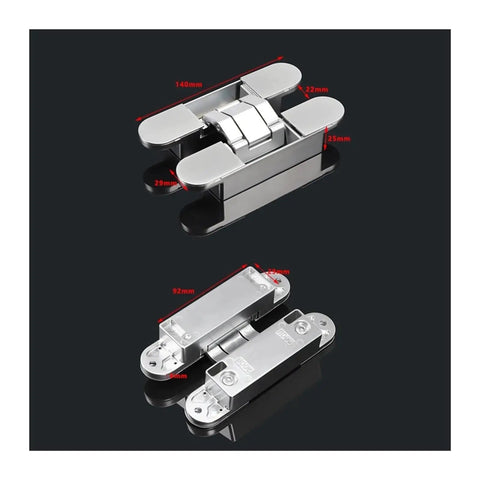 Sleek Invisible Door Hinges Set For Outward Opening Wooden Doors Hidden Adjustable Cross Hinges with Measurements Shown