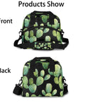 Front and back view of Green Desert Cacti Insulated Lunch Bag For Work And Travel with cactus pattern and adjustable strap