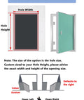 Customization process for Premium Heavy Duty Aluminum Drywall Access Panel With Paintable Flap, displaying hole dimensions and opening options.