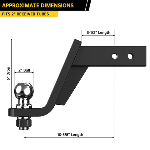 Diagram of Trailer Hitch Mount With Two Inch Ball For Two Inch Receiver, Six Inch Drop, Rock Solid Towing Up To Seven Thousand Five Hundred Pounds