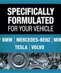 Top Shelf Heavy Duty G48 Antifreeze And Coolant Ready To Go 50 50 Mix Low Silicate Phosphate Free Rock Solid Protection For Aluminum Radiators And Hose Lines Bulk Case Of Six Gallons label showing compatibility with BMW, Tesla, and Volvo vehicles.