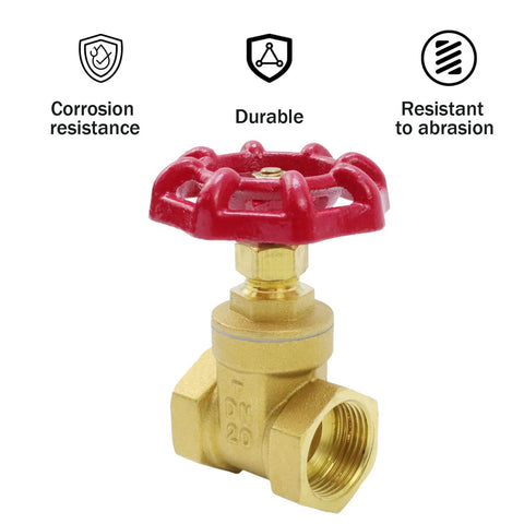 Brass 3/4 inch gate valve with red wheel handle and DN20 female threaded connection, front view