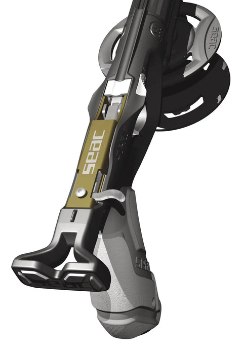 Bottom view of 75cm Spearfishing Sling Gun With Open Muzzle For 14mm Circular Slings, stainless steel mechanism, removable rubber handle