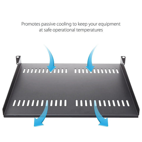 Heavy Duty 1U Server Rack Shelf With Vented Mounting Tray For 19 Inch Equipment Cabinets showing vented steel for cooling.
