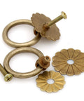 Vintage Antique Brass Ring Pulls Set Of 4 For Cabinets with flower disk design and dual layer petals, 1.4 inch solid brass hardware