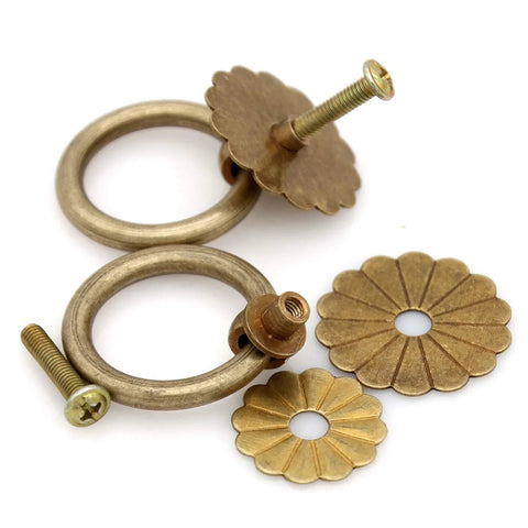Vintage Antique Brass Ring Pulls Set Of 4 For Cabinets with flower disk design and dual layer petals, 1.4 inch solid brass hardware