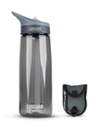 CamelBak Eddy water bottle with attached carrying case, gray color, displayed against a white background.