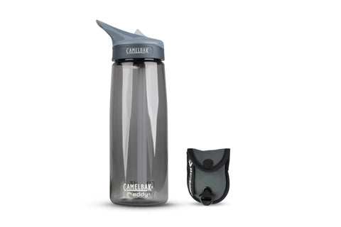 CamelBak Eddy water bottle with attached carrying case, gray color, displayed against a white background.