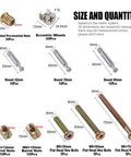 Components of 125-Piece 3-In-One Furniture Hardware Kit With Hex Socket Cap Screws Barrel Nuts Cam Fittings Dowels Hex Insert Nuts And Eccentric Wheels For Cribs Wardrobes Cabinets Drawers And Chairs shown by size and quantity