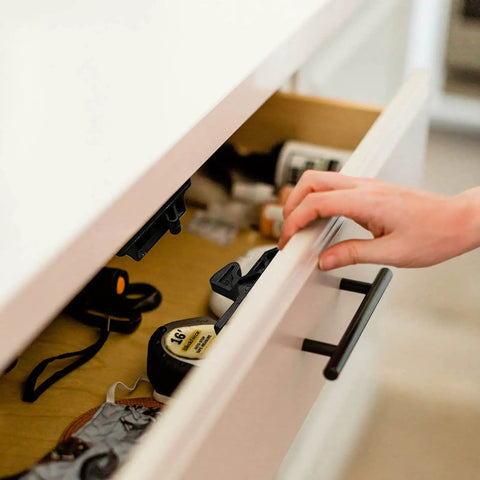 Drawer with 20 Pack RV Cabinet Door Latches And Drawer Latches 10 Lbs Pull Force Push To Close Grabber Catches installed inside
