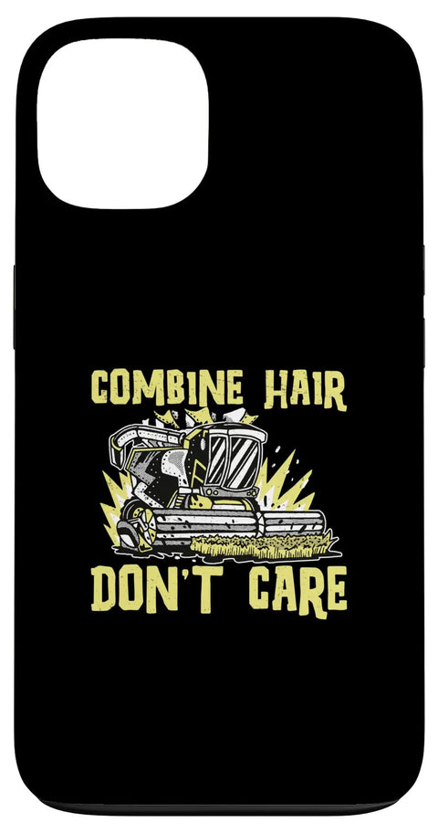 Hair Dont Care Combine Harvester Operator Theme Phone Case with combine graphic on black background for field work humor.