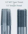 Half Inch 14 NPT Pipe Tap Right Hand Cutting Tool For Cleaning And Rethreading Damaged Threads On Steel Iron And Copper Fittings The Handy Metal Thread Repair For Plumbing And Pipe Fittings with 1/2" NPT taper and straight threads comparison.