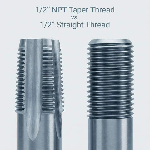Half Inch 14 NPT Pipe Tap Right Hand Cutting Tool For Cleaning And Rethreading Damaged Threads On Steel Iron And Copper Fittings The Handy Metal Thread Repair For Plumbing And Pipe Fittings with 1/2" NPT taper and straight threads comparison.