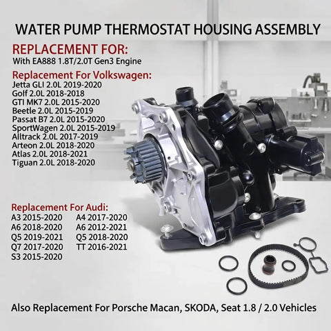 Hella Solid Electric Water Pump Thermostat Kit With Premium Gaskets Zero Sweat Bolt On Swap For EA888 Gen3 2.0L assembly with gaskets and seals.