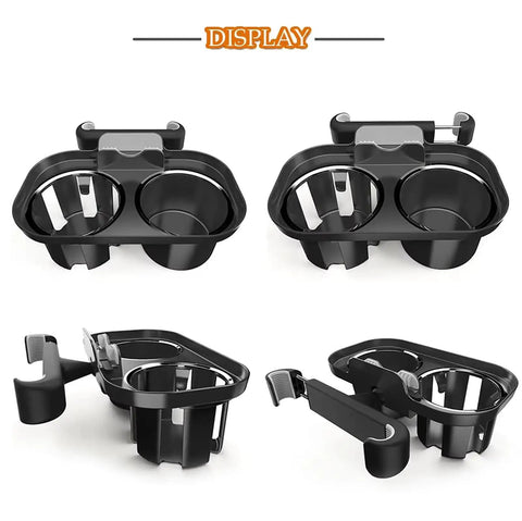 Dual Antispill Car Cup Holder With Heavy Duty Elastic Grips For Tesla Cybertruck showing two cup spaces and adjustable arm for stability.