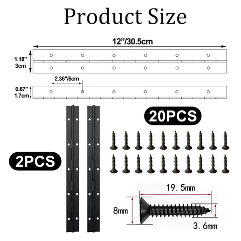 Two Pack 12 Inch Piano Hinges In Stainless Steel Black Heavy Duty For Doors Cabinets Woodworking And Marine Applications Durable Quiet Operation Ideal For Hiding Joints And Providing Extra Support Includes 24 Screws with product size diagram