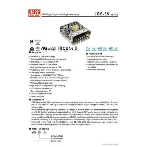 Heavy Duty Switching Power Supply 24V 1.5A 36W Fanless Metal Enclosure Wide Input 85 To 264VAC with specifications and usage details.